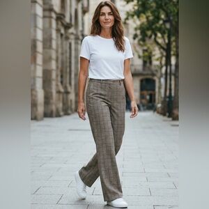 ZARA Plaid Pants Women Size L Gray Black Brown White Wide Leg Office Workwear